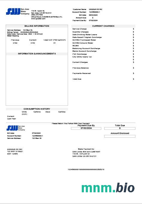 Usa California San Jose Water rachunek za usługi komunalne szablon w formacie Word i PDF